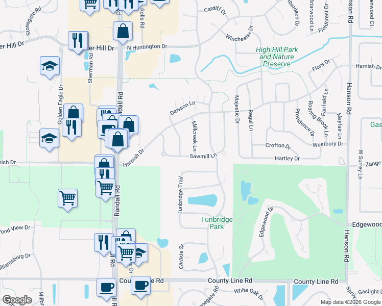 map of restaurants, bars, coffee shops, grocery stores, and more near 1190 Millcreek Lane in Algonquin