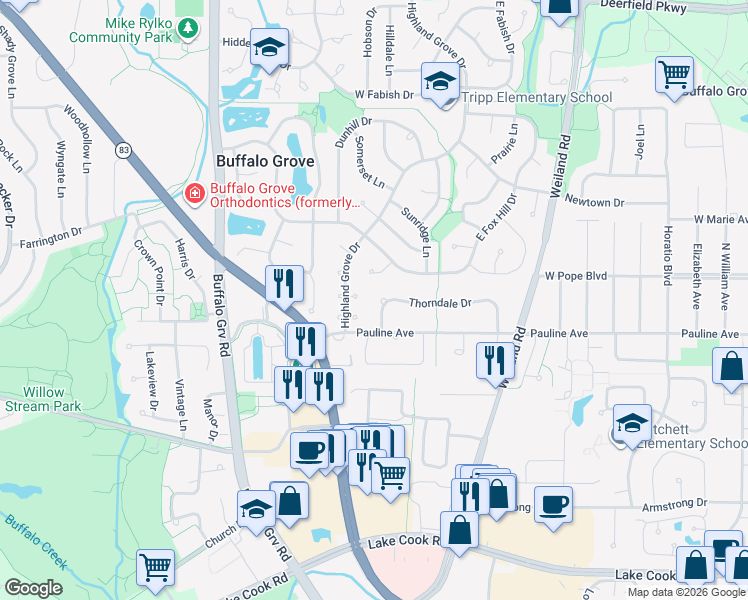 map of restaurants, bars, coffee shops, grocery stores, and more near 503 Thorndale Drive in Buffalo Grove
