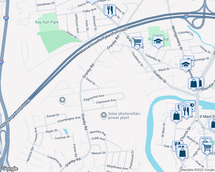 map of restaurants, bars, coffee shops, grocery stores, and more near 20 Simonich Circle in Chicopee