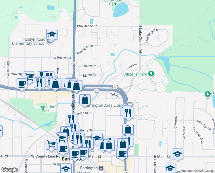 map of restaurants, bars, coffee shops, grocery stores, and more near 375 Elm Road in Barrington