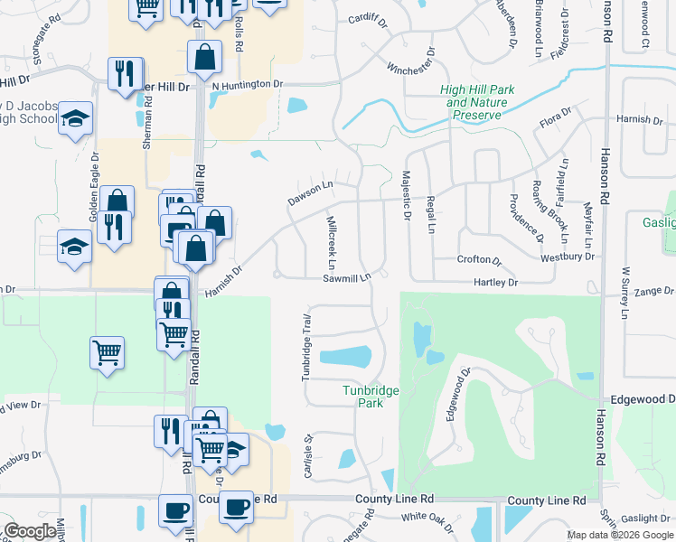 map of restaurants, bars, coffee shops, grocery stores, and more near 1128 Sawmill Lane in Algonquin