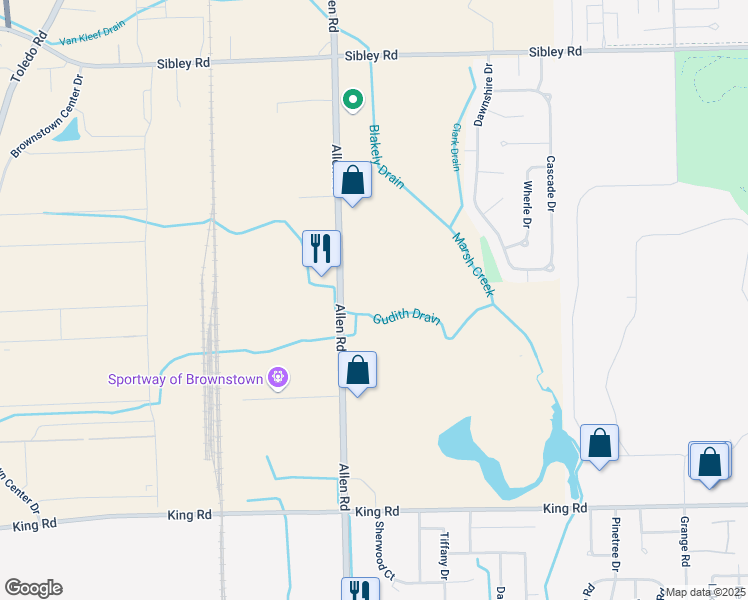 map of restaurants, bars, coffee shops, grocery stores, and more near 19697 Allen Road in Wayne County
