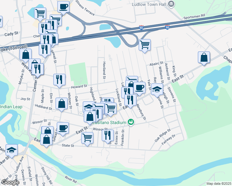 map of restaurants, bars, coffee shops, grocery stores, and more near 59 Lockland Street in Ludlow
