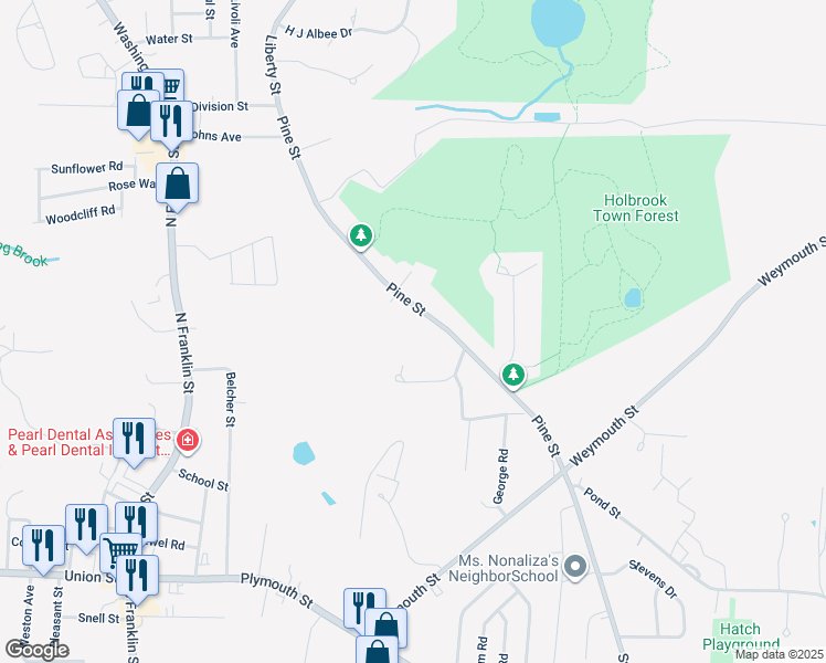map of restaurants, bars, coffee shops, grocery stores, and more near 190 Pine Street in Braintree
