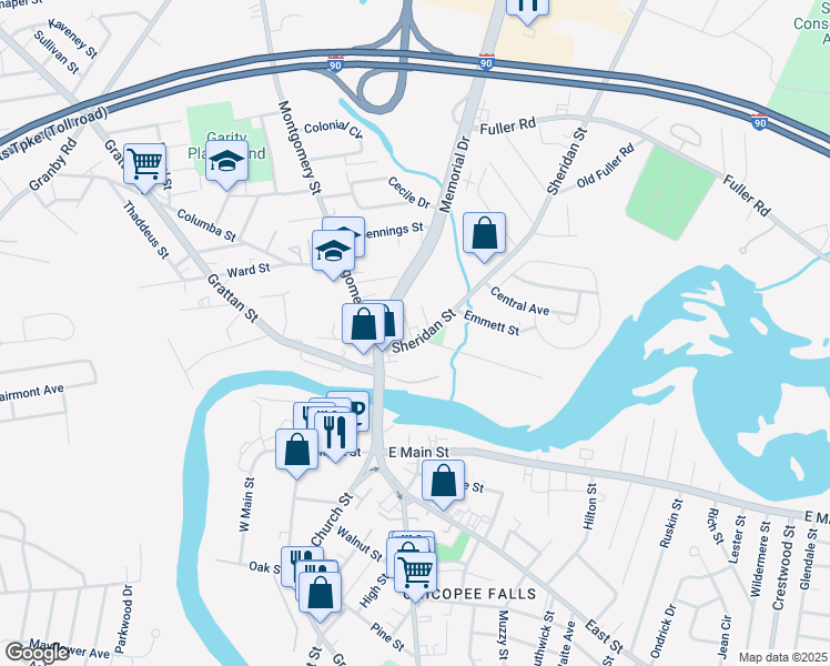 map of restaurants, bars, coffee shops, grocery stores, and more near 41 Sheridan Street in Chicopee