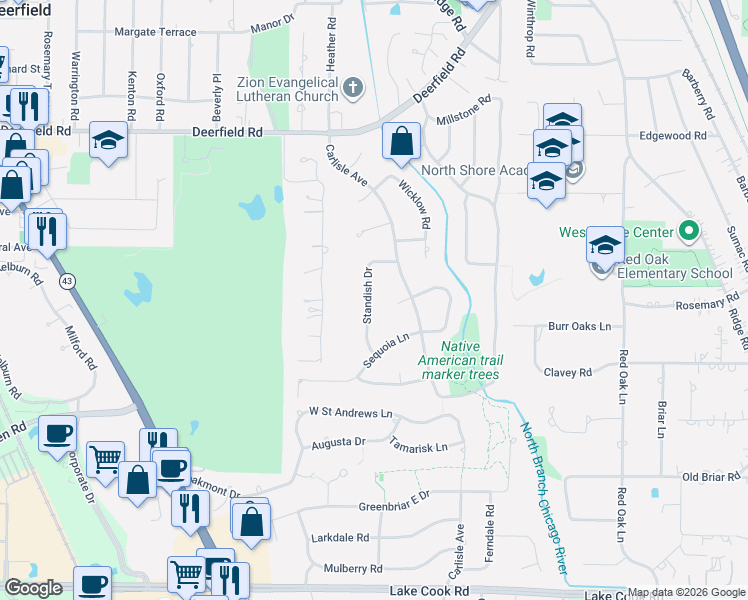 map of restaurants, bars, coffee shops, grocery stores, and more near 505 Standish Drive in Deerfield