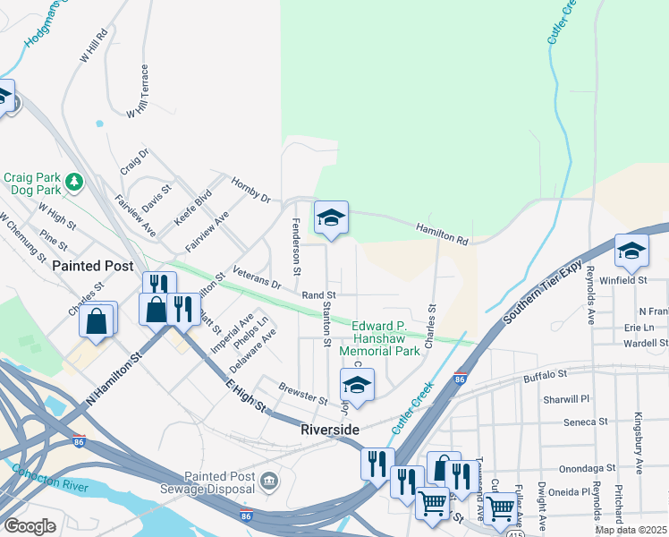 map of restaurants, bars, coffee shops, grocery stores, and more near 3323 Clark Street in Painted Post