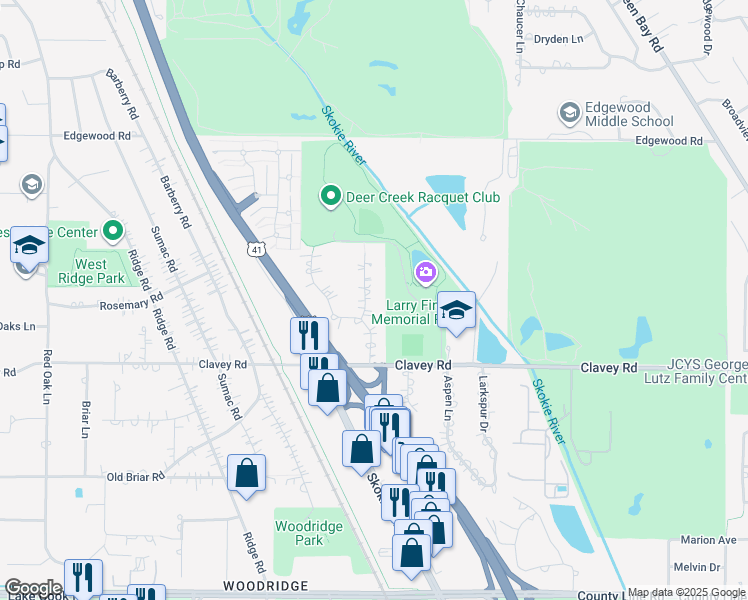 map of restaurants, bars, coffee shops, grocery stores, and more near 511 Clavey Court in Highland Park