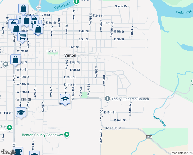 map of restaurants, bars, coffee shops, grocery stores, and more near 899 E 10th St in Vinton