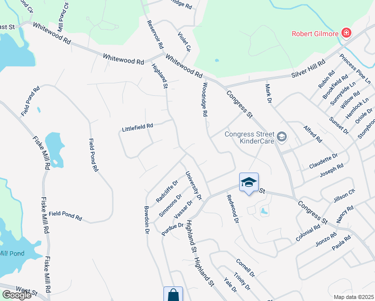 map of restaurants, bars, coffee shops, grocery stores, and more near 155 Highland Street in Milford