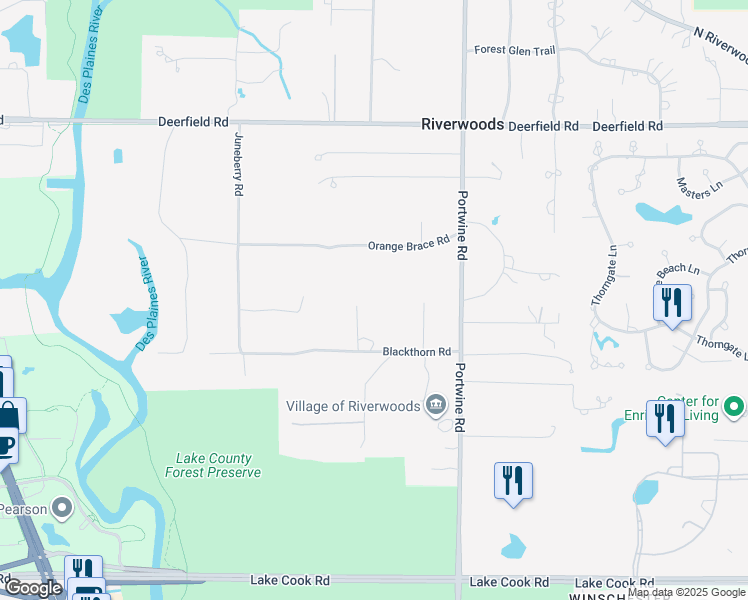 map of restaurants, bars, coffee shops, grocery stores, and more near 475 White Oak Lane in Riverwoods