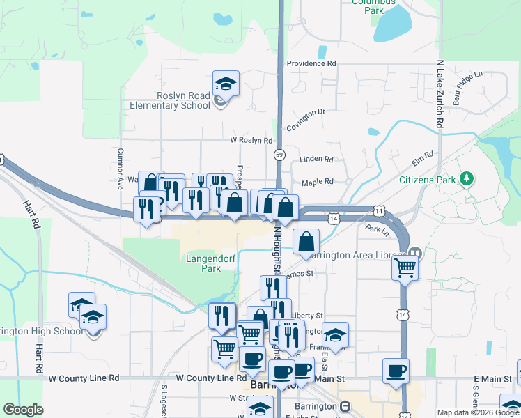 map of restaurants, bars, coffee shops, grocery stores, and more near 110 West Northwest Highway in Barrington