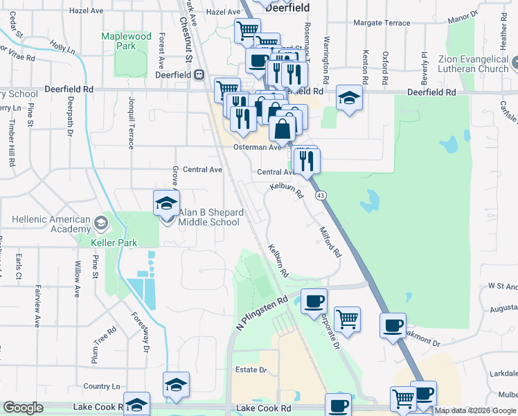 map of restaurants, bars, coffee shops, grocery stores, and more near 493 South Commons Court in Deerfield