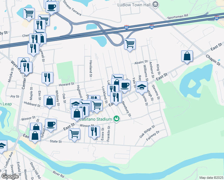 map of restaurants, bars, coffee shops, grocery stores, and more near 48 Lakeview Ave in Ludlow