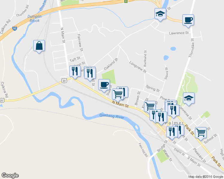 map of restaurants, bars, coffee shops, grocery stores, and more near 33 Shaw Street in Palmer