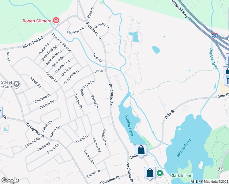 map of restaurants, bars, coffee shops, grocery stores, and more near 155 Purchase Street in Milford