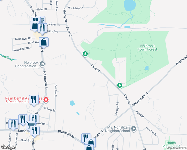 map of restaurants, bars, coffee shops, grocery stores, and more near 190 Pine Street in Braintree