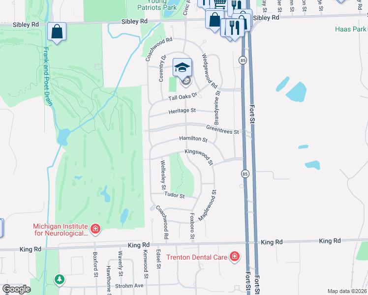 map of restaurants, bars, coffee shops, grocery stores, and more near 14210 Kingswood Street in Riverview