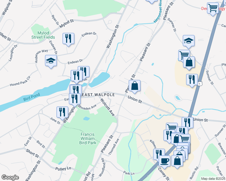 map of restaurants, bars, coffee shops, grocery stores, and more near 80 Union Street in Walpole