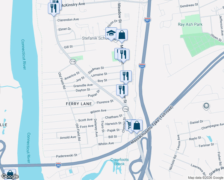 map of restaurants, bars, coffee shops, grocery stores, and more near 41 Parker Street in Chicopee