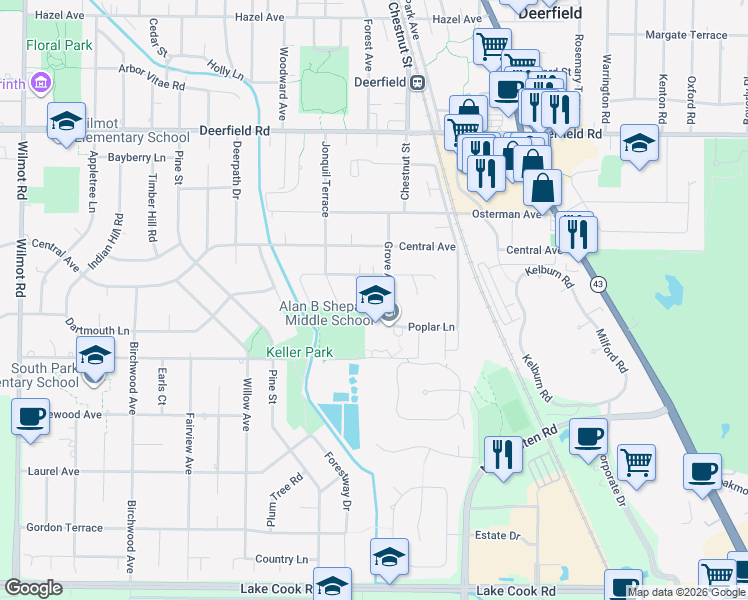 map of restaurants, bars, coffee shops, grocery stores, and more near 507 Radcliffe Circle in Deerfield