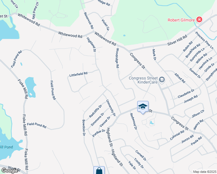 map of restaurants, bars, coffee shops, grocery stores, and more near 155 Highland Street in Milford