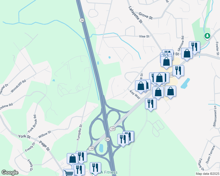 map of restaurants, bars, coffee shops, grocery stores, and more near 38 Elizabeth Street in Stoughton