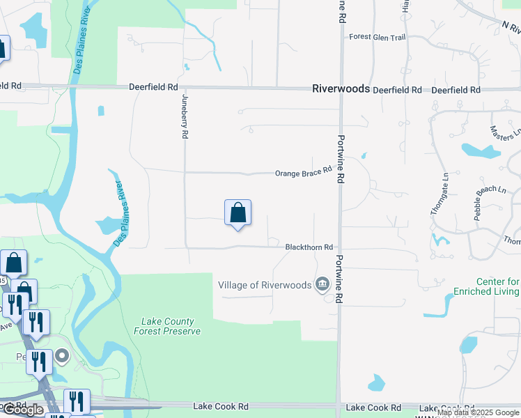 map of restaurants, bars, coffee shops, grocery stores, and more near 475 White Oak Lane in Riverwoods