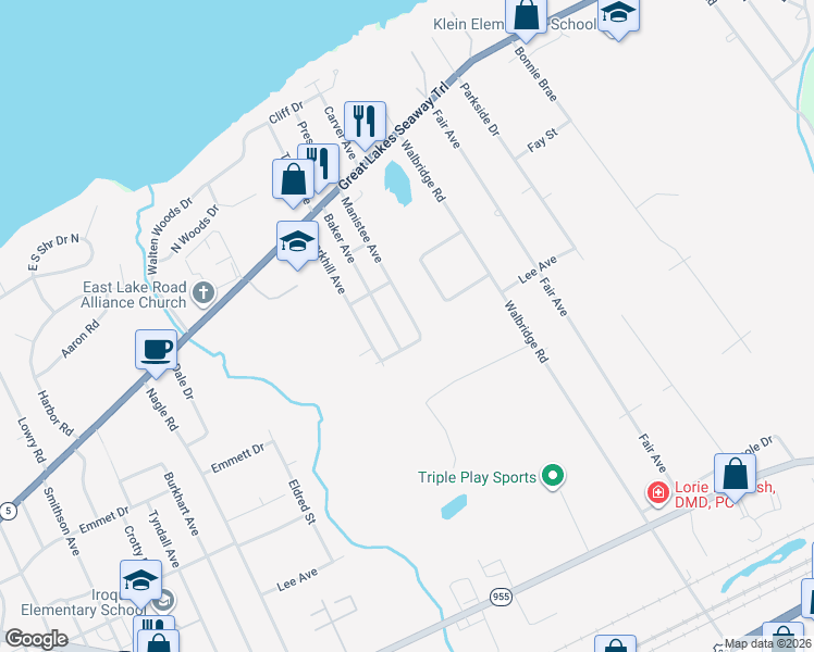 map of restaurants, bars, coffee shops, grocery stores, and more near 544 Manistee Ave in Erie
