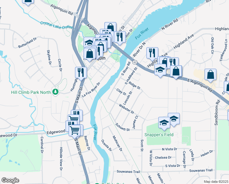 map of restaurants, bars, coffee shops, grocery stores, and more near 409 South River Road in Algonquin