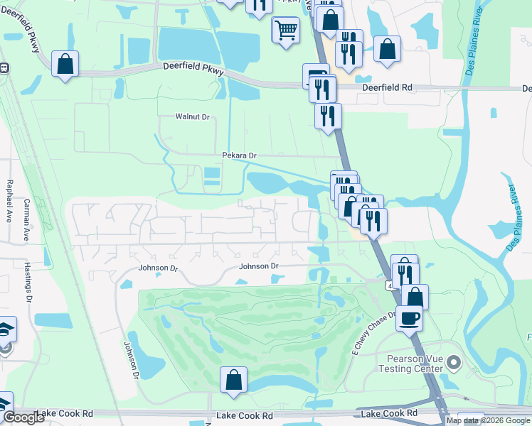 map of restaurants, bars, coffee shops, grocery stores, and more near 525 Winston Lane in Deerfield