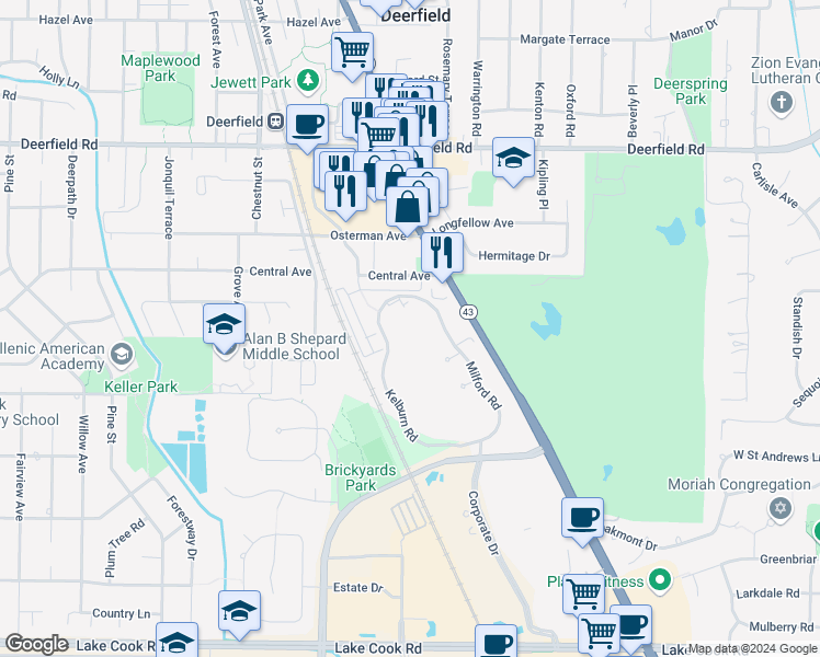 map of restaurants, bars, coffee shops, grocery stores, and more near 442 Kelburn Road in Deerfield
