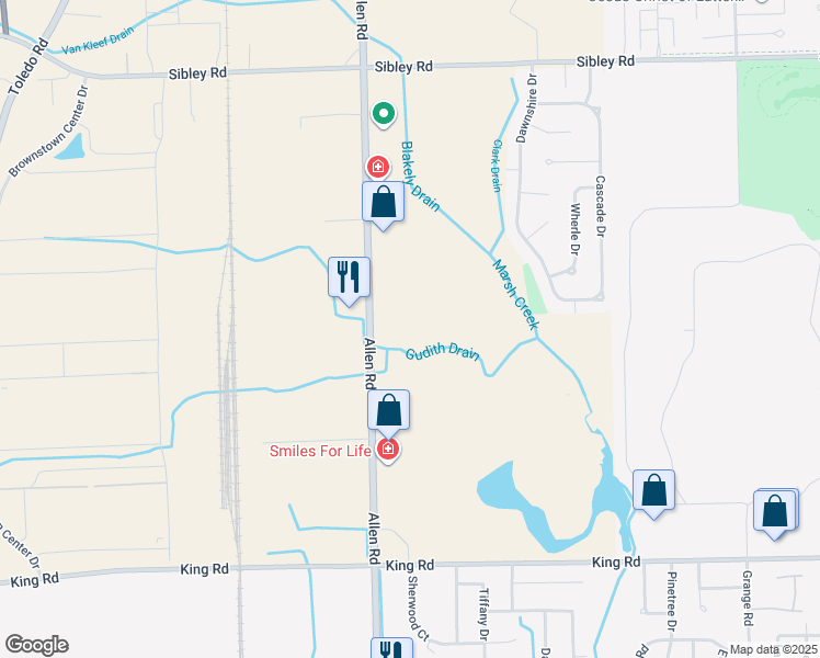 map of restaurants, bars, coffee shops, grocery stores, and more near 19697 Allen Road in Brownstown Charter Township