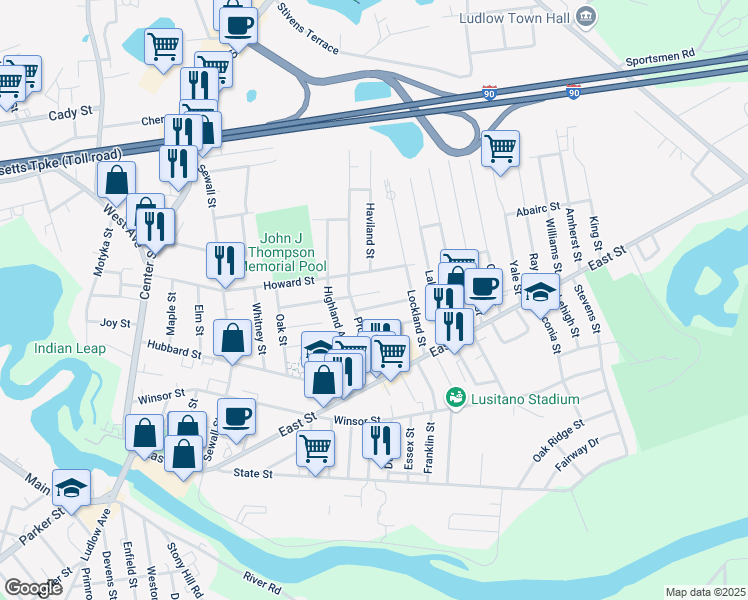 map of restaurants, bars, coffee shops, grocery stores, and more near 17 Greenwich Street in Ludlow