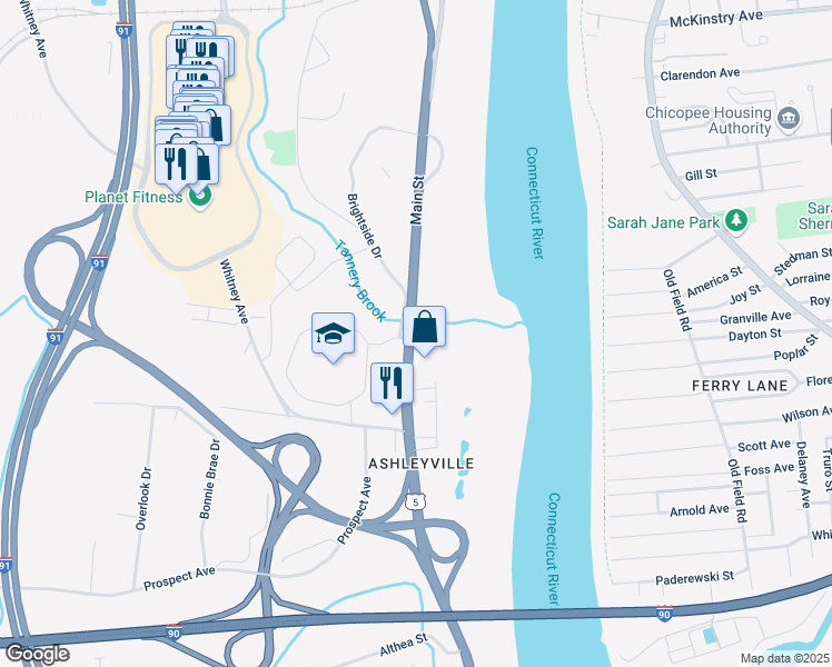 map of restaurants, bars, coffee shops, grocery stores, and more near U.S. 5 in West Springfield