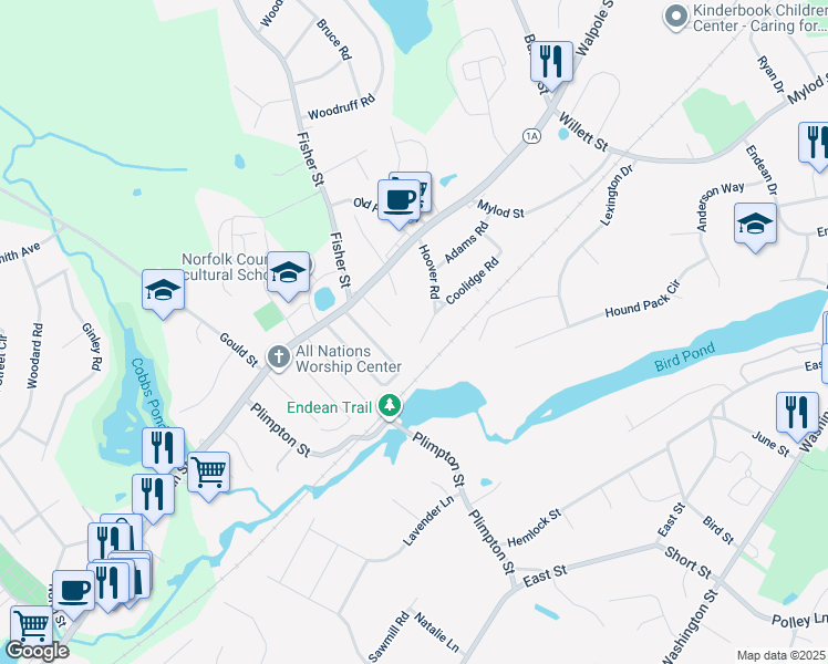 map of restaurants, bars, coffee shops, grocery stores, and more near 55 Hoover Road in Walpole