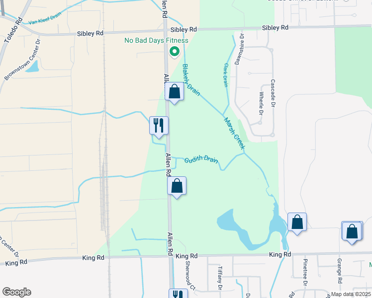 map of restaurants, bars, coffee shops, grocery stores, and more near 19697 Allen Road in Wayne County