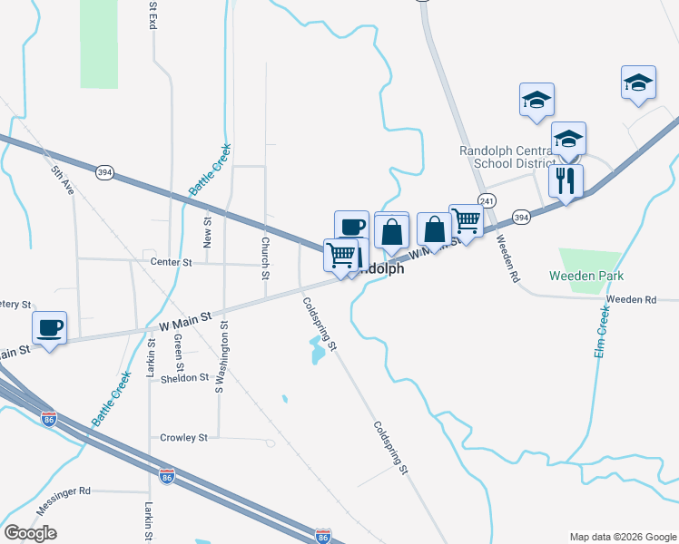 map of restaurants, bars, coffee shops, grocery stores, and more near 128 West Main Street in Randolph