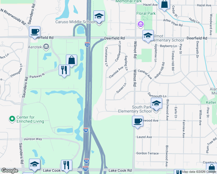 map of restaurants, bars, coffee shops, grocery stores, and more near 505 Castlewood Lane in Deerfield