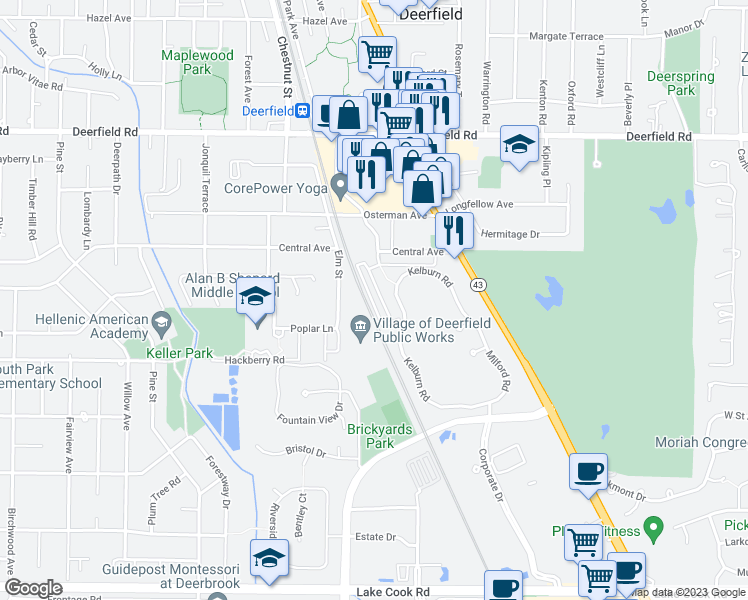 map of restaurants, bars, coffee shops, grocery stores, and more near 500 South Commons Court in Deerfield