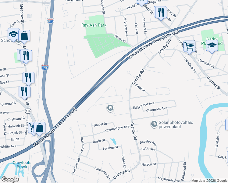 map of restaurants, bars, coffee shops, grocery stores, and more near 286 Szetela Drive in Chicopee