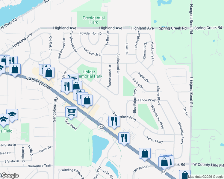 map of restaurants, bars, coffee shops, grocery stores, and more near 1750 Thorneapple Lane in Algonquin