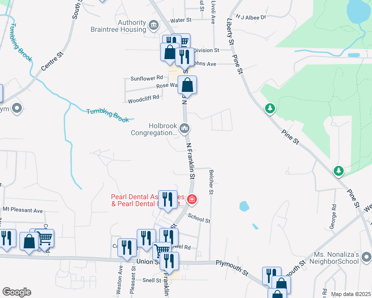 map of restaurants, bars, coffee shops, grocery stores, and more near 284 North Franklin Street in Holbrook