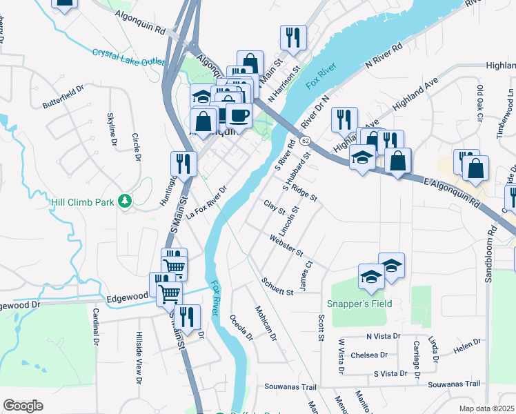 map of restaurants, bars, coffee shops, grocery stores, and more near 409 South River Road in Algonquin