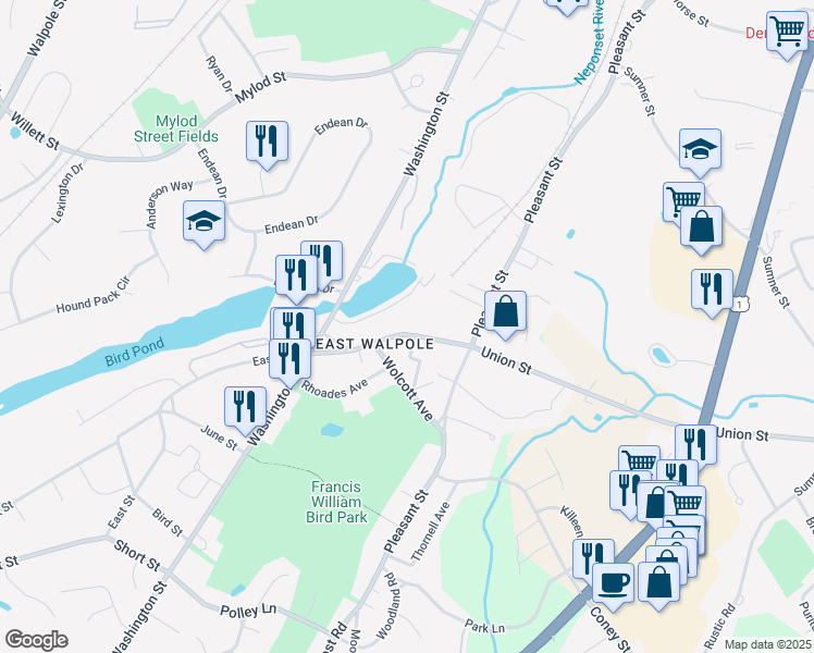 map of restaurants, bars, coffee shops, grocery stores, and more near 80 Union Street in Walpole