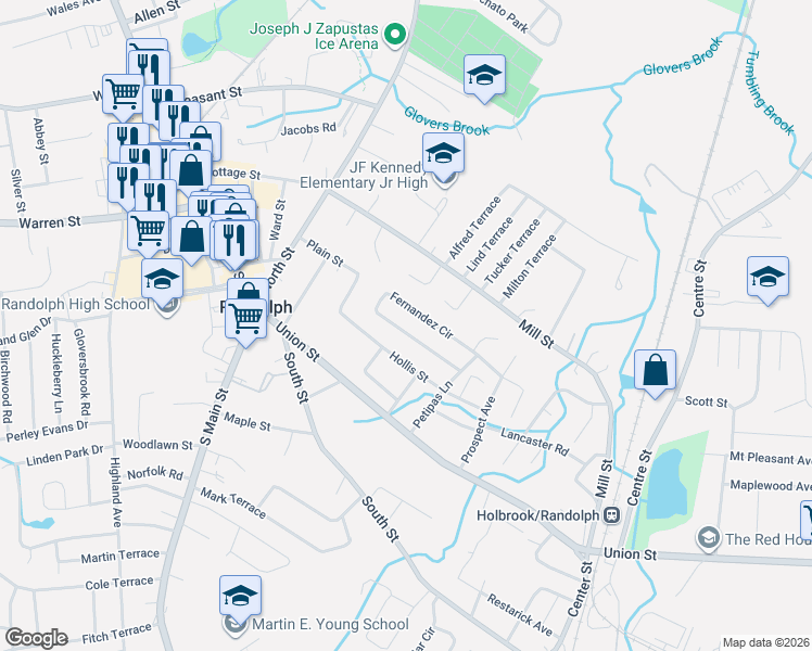 map of restaurants, bars, coffee shops, grocery stores, and more near 78 Fernandez Circle in Randolph