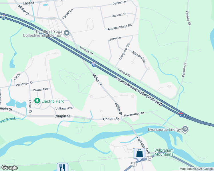 map of restaurants, bars, coffee shops, grocery stores, and more near 84 Miller Street in Ludlow