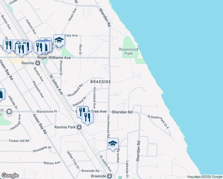 map of restaurants, bars, coffee shops, grocery stores, and more near 547 Sheridan Road in Highland Park