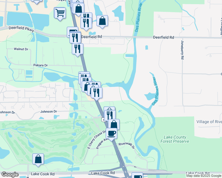 map of restaurants, bars, coffee shops, grocery stores, and more near 20611 Illinois 21 in Riverwoods