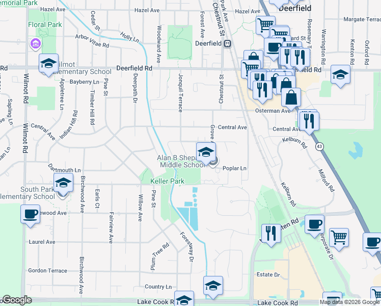 map of restaurants, bars, coffee shops, grocery stores, and more near 505 Jonquil Terrace in Deerfield